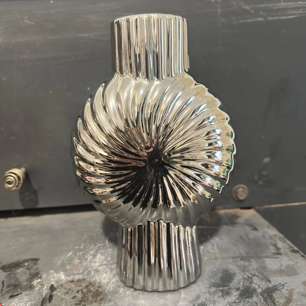 Sculptural Decorative Vase PAIR Modern Chrome Silver Swirl Ribbed Ceramic 9.5